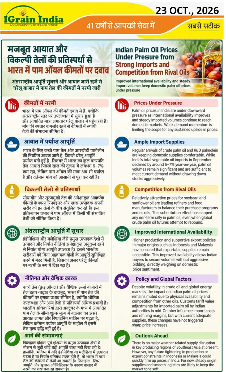 मजबूत आयात और विकल्पी तेलों की प्रतिस्पर्धा से भारत में पाम ऑयल कीमतों पर दबाव
